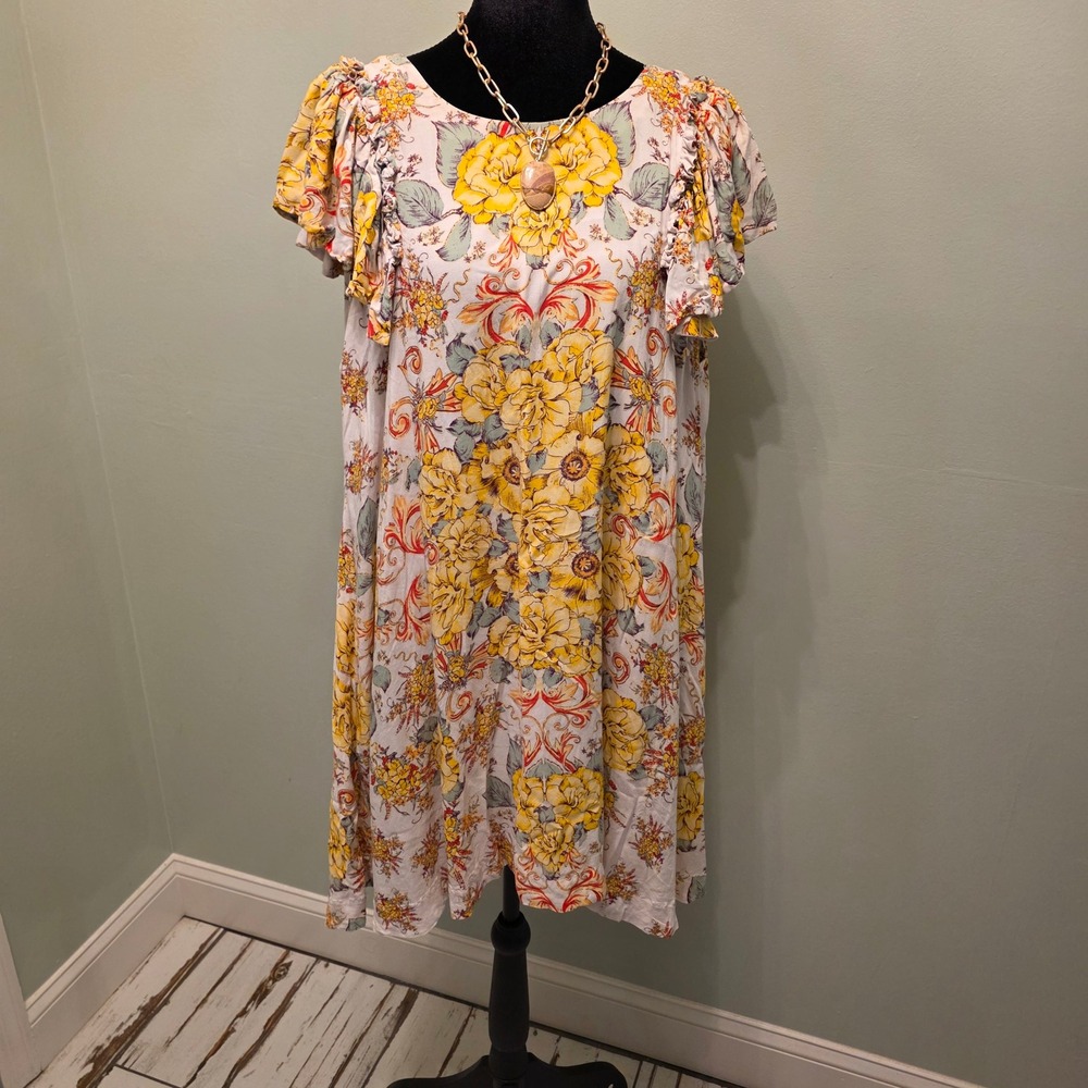 Free People Yara Printed Mini Dress Yellow Floral Ruffle Sleeve White L H747